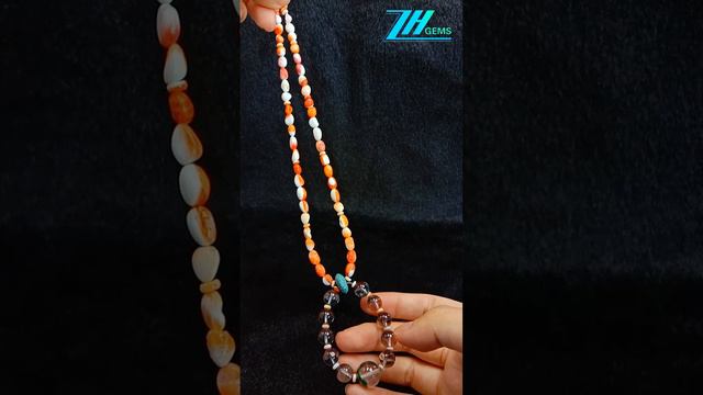 Orange spiny oyster and Natural turquoise with Sakura agate gemstone pendant necklace Calcite