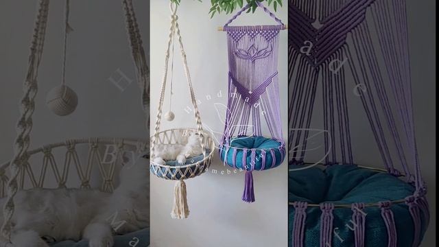 She is so comfortable on this beautiful macrame cat swing we made for her