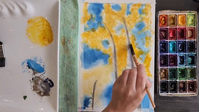 Watercolor Birch Tree Landscape Tutorial for Beginners/Красивый пейзаж с березами акварелью