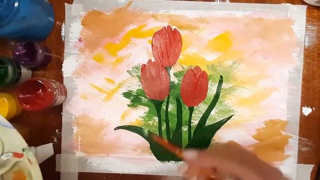 Как нарисовать тюльпаны, легко и просто, красками гуашь. Рисуем тюльпаны гуашью. Рисуем цветы. смотреть онлайн