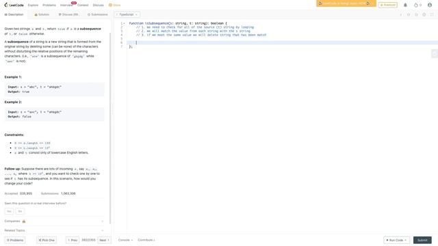 How to Check Subsequence of Two String - Typescript Challenge - Leetcode problem 002