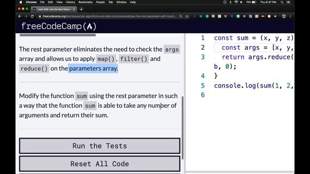 Use the Rest Parameter with Function Parameters, freeCodeCamp Course on ES6 Syntax, Learn JS 2020