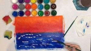 Парусник на закате. Нетрадиционная техника рисования губкой. Гуашь.  Для дошкольников. Детский сад.