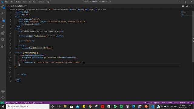 HTML Tutorials for Absolute Beginners - 16 - Geolocation API.