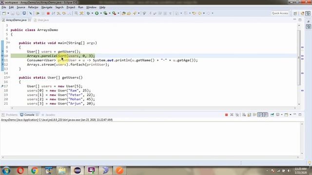 Sort the range of user array based on the name |  parallelSort(T[] a, int fromIndex, int toIndex)