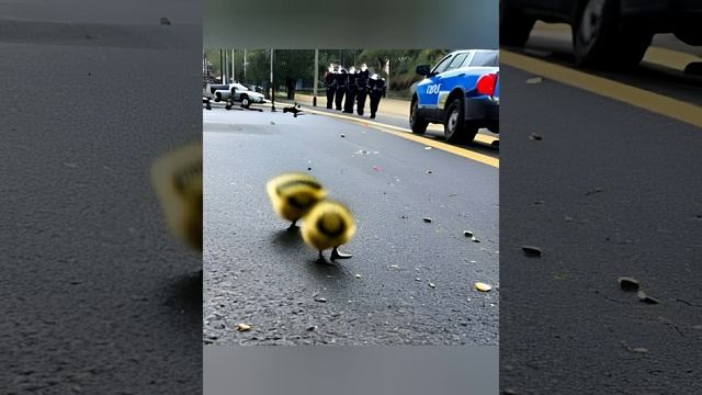 Полиция переводит утят через дорогу