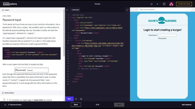Learn HTML with Codecadmey HTML Forms  (Password Input)