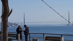 Сквер Анны Щетининой с видом на мост на остров Русский/Владивосток/март 2021