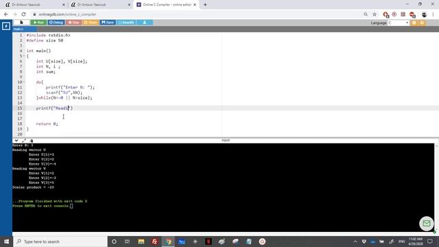 Algorithmics & Programming - Exercise  - Scalar product of two vectors