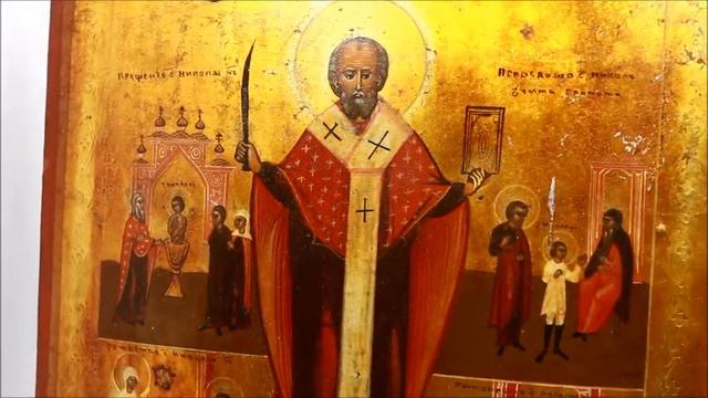 Купить редкую икону 19 века? Икона старинная Николай Чудотворец с житием. DR0321
