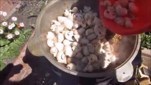 Тушёная капуста по-деревенски с грибами и свиными рёбрами в казане.