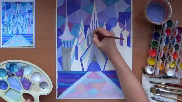 Как нарисовать замок Снежной королевы. Гуашь смотреть онлайн