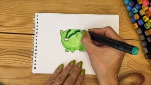 Рисунок скетч маркерами "Котэ-арбуз" для скетчбука | Срисовка картинки для начинающих