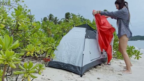 YOUNG GIRL SOLO CAMPING ON SECRET ISLAND 🏝️ alone swimming in paradise beach - clothes don't needed