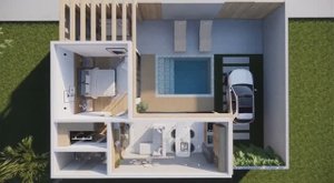 Планировка уютного дома для двоих 35 кв.м минимализм: гостиная, кухня-столовая, 1 мастер спальня