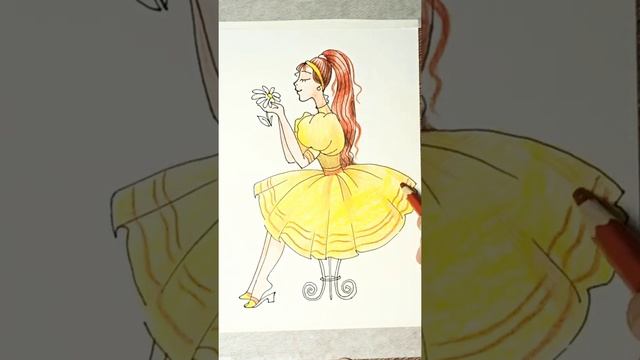 Девушка в желтом платье - рисунок линером и карандашами. смотреть онлайн