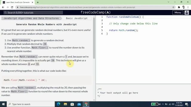 Basic Javascript | Generate Random Whole Numbers with JavaScript | freeCodeCamp | 106 of 113
