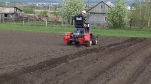 Делаю борозды под посадку картофеля на самодельном тракторе.
