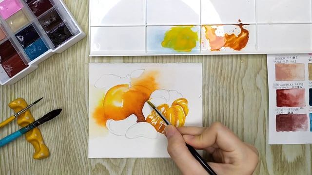 Как нарисовать мандарины акварелью. Акварель для начинающих