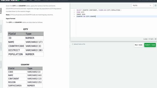 Hackerrank SQL Solution #40 Basic SQL - Average Population of Each Continent