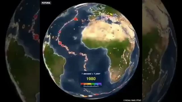 Карта землетрясений за 20 век. На ней вырисовываются границы литосферных плит.