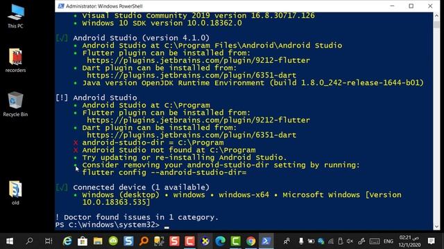 flutter doctor: how to fix issue | android-studio-dir = c:\program | android studio not found at c: