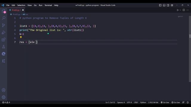 python program to Remove  Tuples of Length K. #python #coding #newvideo #new
