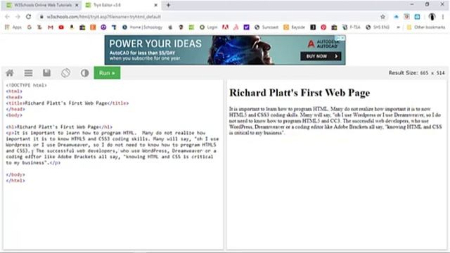 Learning HTML with w3schools.com - Lesson Number 1