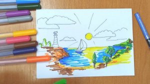 Рисуем морской пейзаж фломастерами.