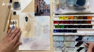 Городская зарисовка акварелью. Рисуем уличный фонарь