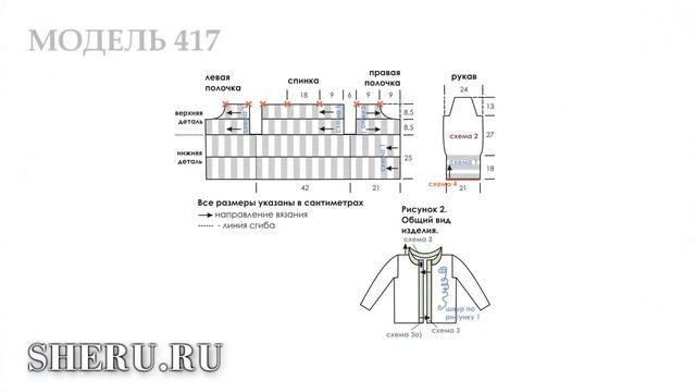Фактурные полосы в кофте, поперечное вязание спицами Модель 417 Описание и схемы