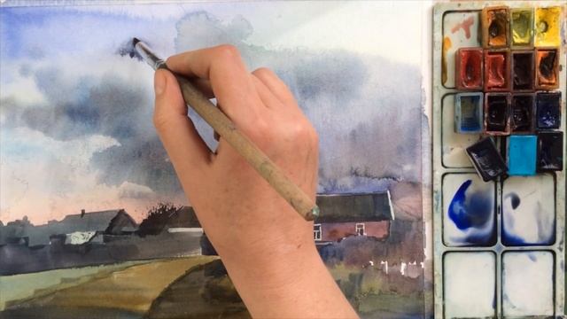 Уроки рисования. Рисую деревенский пейзаж акварелью.Поэтапное рисование для начинающих. Мастер-клас смотреть онлайн
