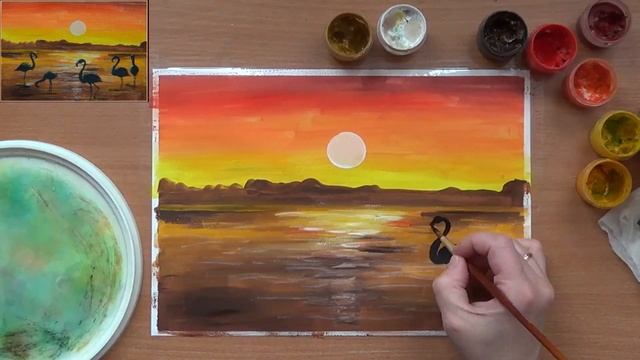 Как нарисовать Фламинго. Закат и Фламинго. Легко детям. Гуашь
