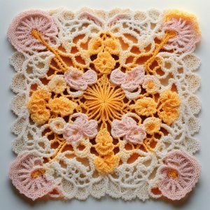 Вязаные квадратные мотивы с орнаментом, созданные с помощью нейросети.