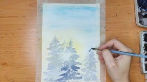 Как нарисовать зимний пейзаж акварелью  Рисуем ели в снегу