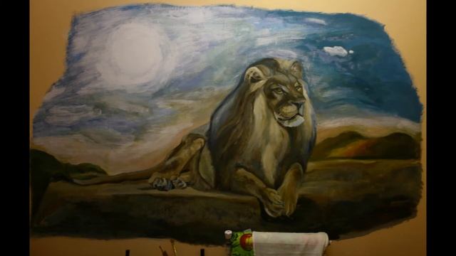 Роспись стен масляными красками (маслом) "Сафари: лев и львенок". смотреть онлайн