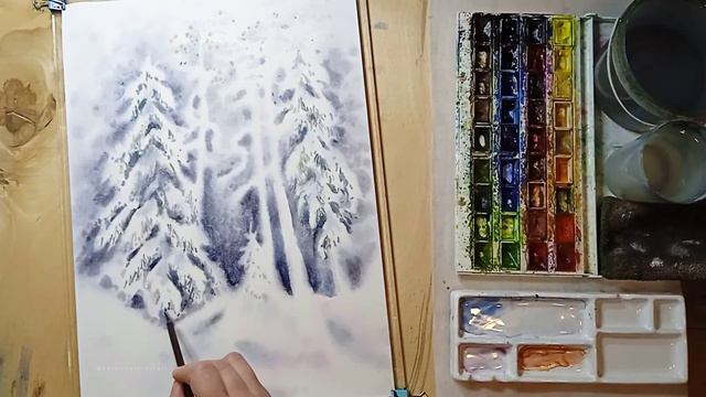 Снежный лес. Акварель/Snowy Forest/ Watercolor