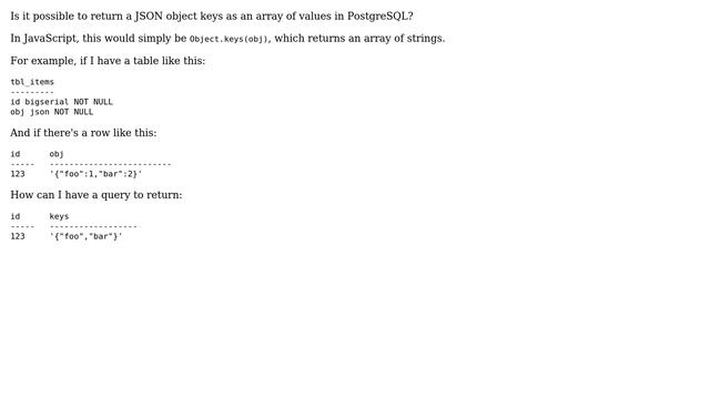 Databases: Postgres query to return JSON object keys as array