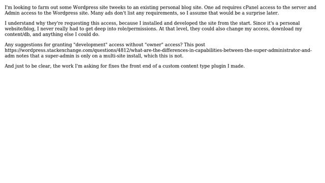 Wordpress: What are the minimum role/permissions for freelance developer?