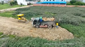 Part 4! New Road Spreading Stone Project Using Dump Truck Unloading & Komatsu D20P Bulldozer Pushin