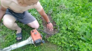 Выкуриваю крота из норы при помощи триммера.