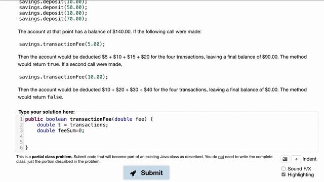 Java Practice It | Exercise 8.11 transactionFeeBankAccount | classes, instance methods смотреть онлайн