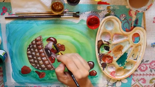 Как нарисовать осенний натюрморт. Корзинка с грибами. Гуашь. Рисуем с детьми. смотреть онлайн