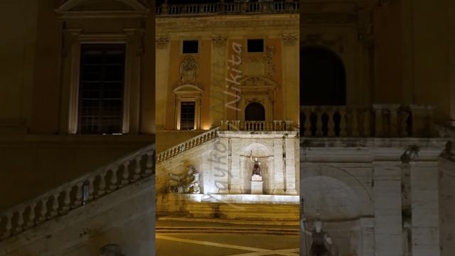 Vertical video. Piazza del Campidoglio. Fountain. Night. Rome, Italy