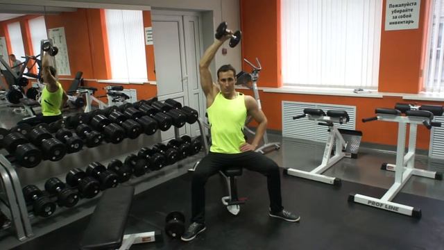 Разгибание одной руки с гантелью из за головы сидя смотреть онлайн