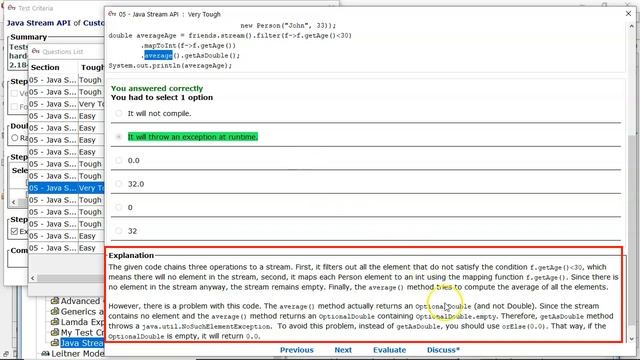 What happens if you do ".average().getAsDouble()" on an empty stream? (enthuware.ocpjp.v8.2.1810 смотреть онлайн