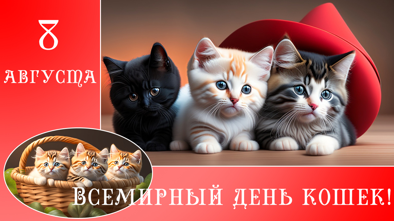 8 августа Всемирный день кошек!  Всех Кошатников с праздником! Красивое поздравление с Днем Кошек!