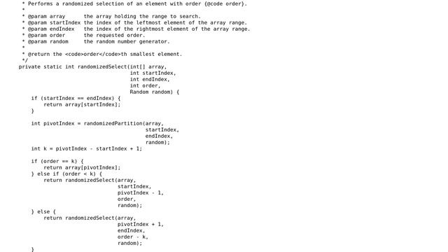 Code Review: Order statistics without sorting in expected linear time in Java