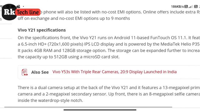 Vivo y21 smartphone price Under 15,000 4 GB Ram 128 GB stor