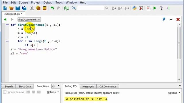 Exercice Python qui détermine l'index de la première occurrence dans une chaine
